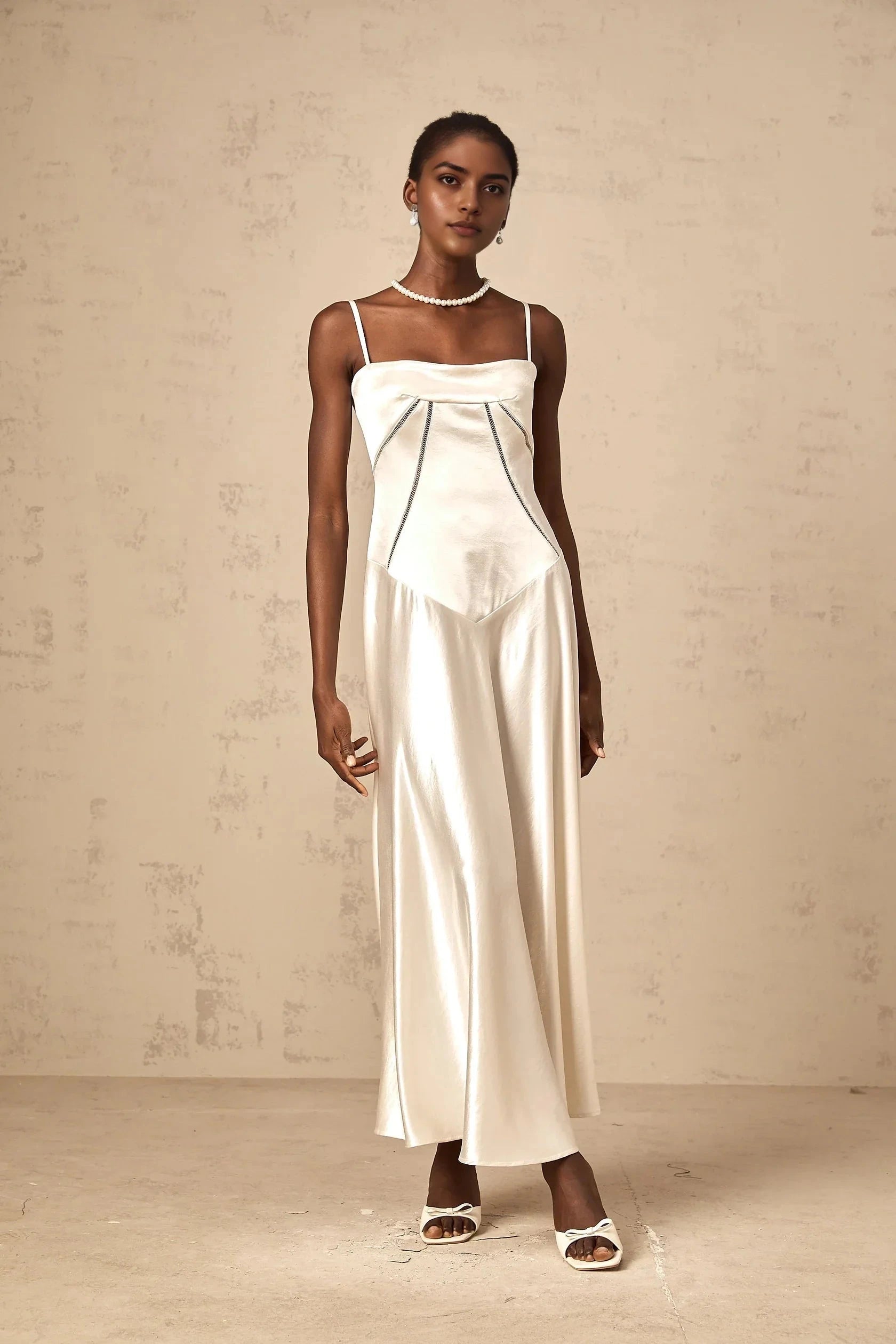 Ivory Satin Strappy Maxi Dress with Lace - Up Back white flared satin maxi dress Evening Dress by YiHuiw