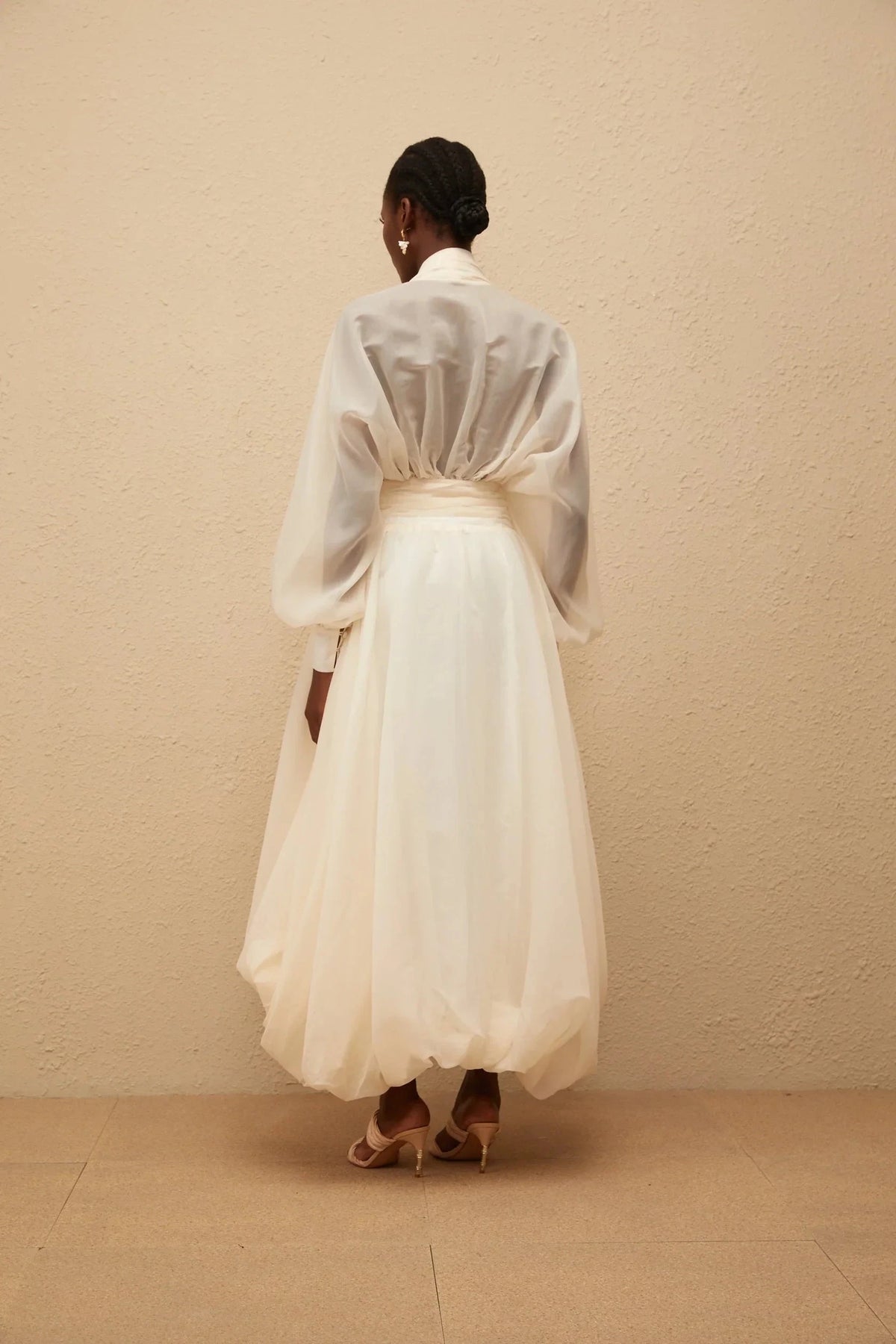 Ivory Sheer Puff Sleeve High - Low Midi Dress Riley Cream White Draped Tulle Maxi Dress Evening Dress by YiHuiw