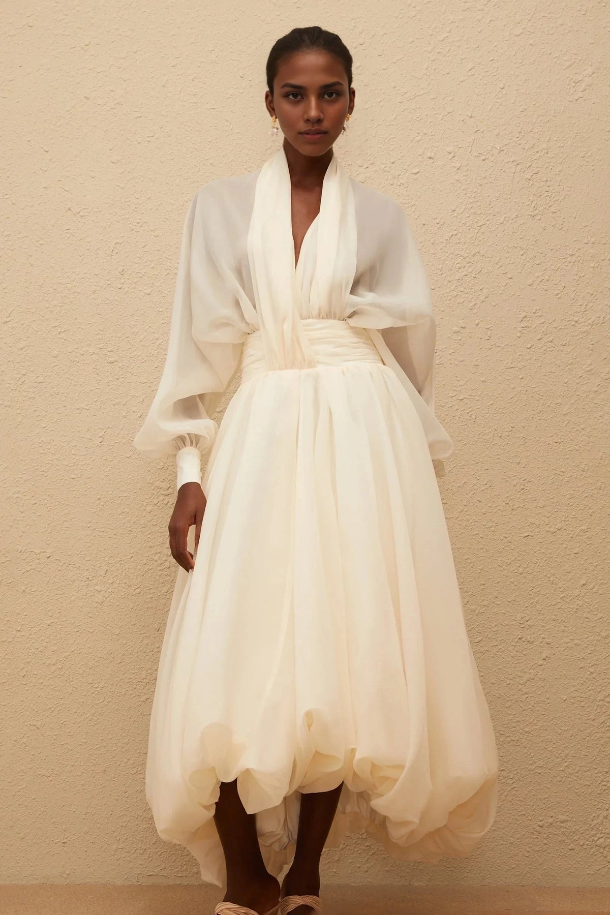 Ivory Sheer Puff Sleeve High - Low Midi Dress Riley Cream White Draped Tulle Maxi Dress Evening Dress by YiHuiw