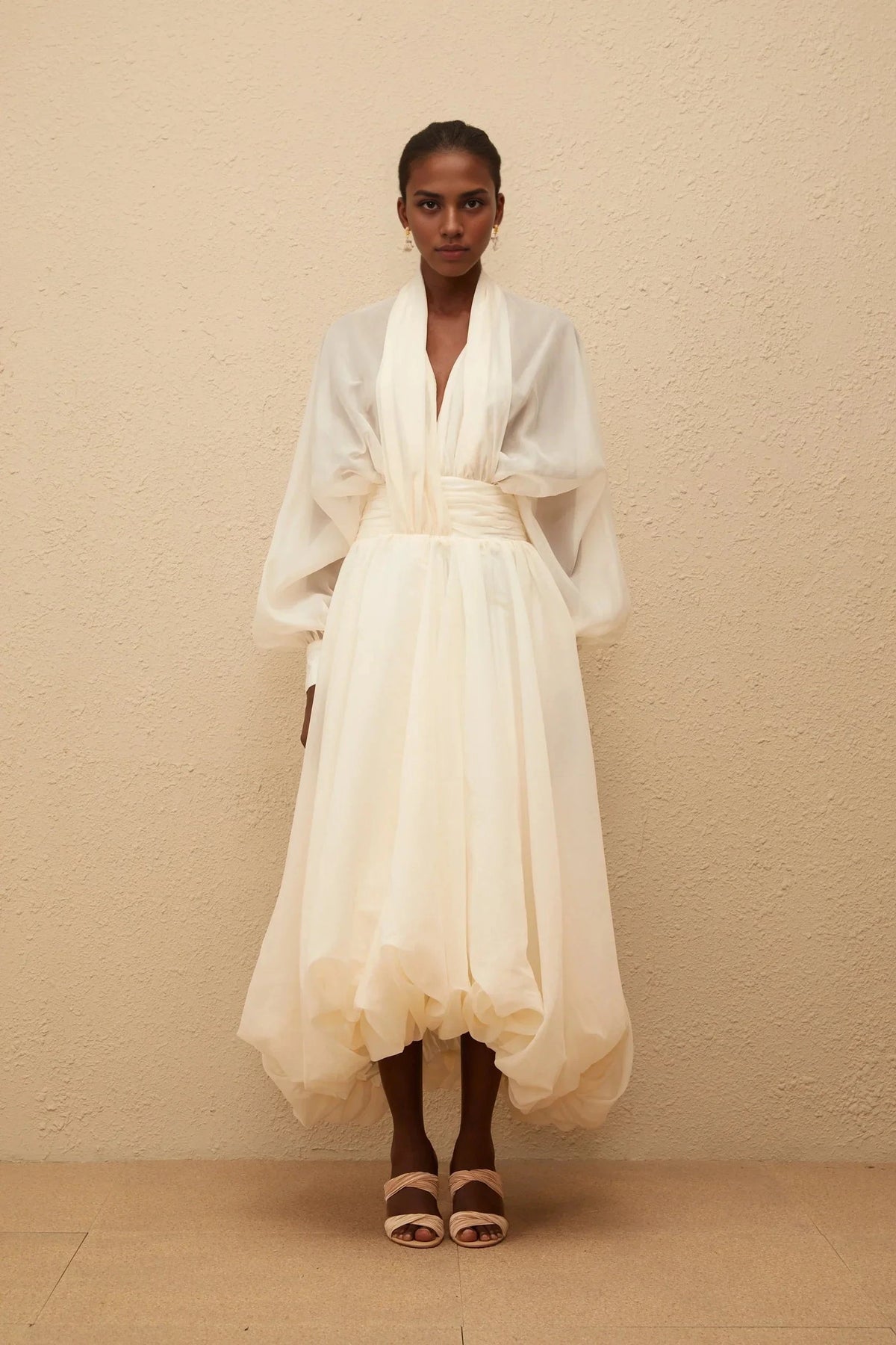 Ivory Sheer Puff Sleeve High - Low Midi Dress Riley Cream White Draped Tulle Maxi Dress Evening Dress by YiHuiw