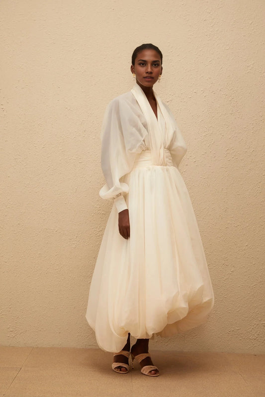 Ivory Sheer Puff Sleeve High - Low Midi Dress Riley Cream White Draped Tulle Maxi Dress Evening Dress by YiHuiw
