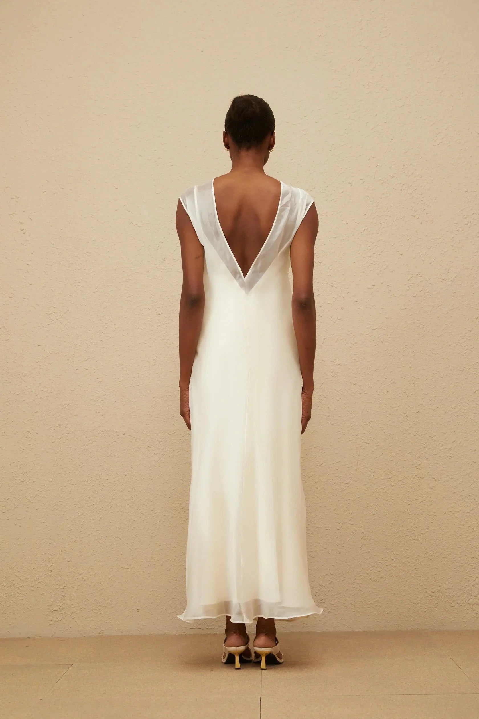 Ivory Sheer Dress with Open Back White Flared Tulle Maxi Dress Evening Dress by YiHuiw