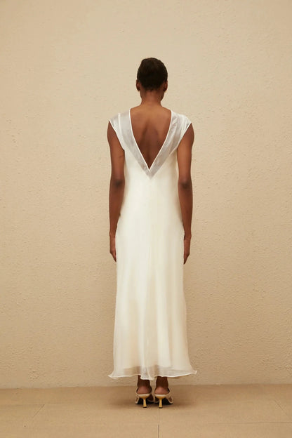 Ivory Sheer Dress with Open Back White Flared Tulle Maxi Dress Evening Dress by YiHuiw