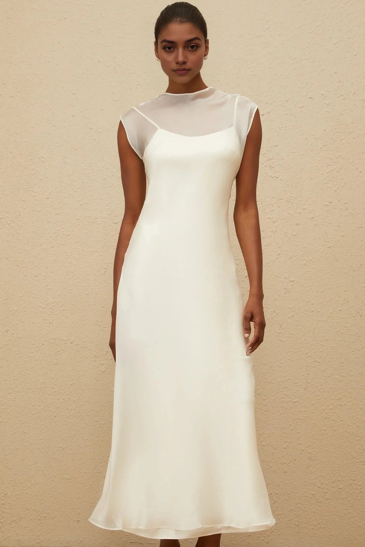 Ivory Sheer Dress with Open Back White Flared Tulle Maxi Dress Evening Dress by YiHuiw