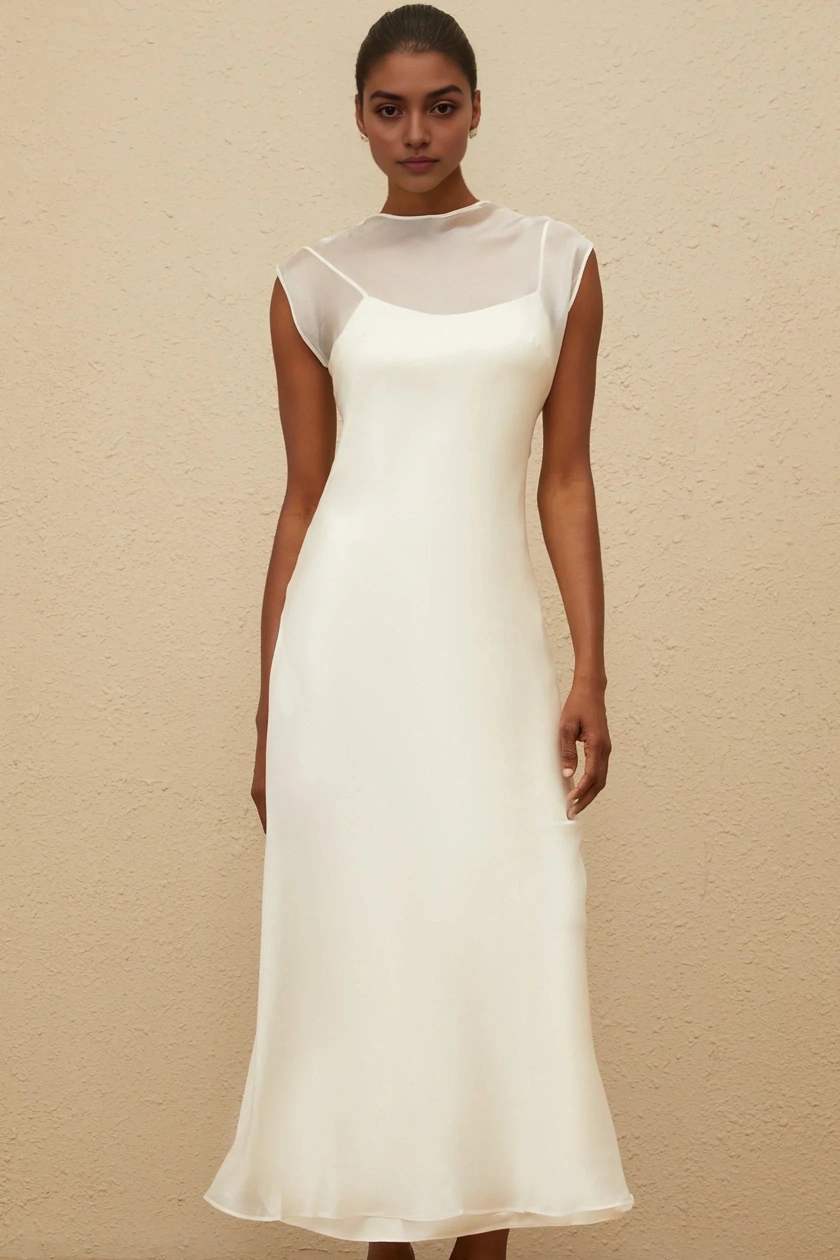 Ivory Sheer Dress with Open Back White Flared Tulle Maxi Dress Evening Dress by YiHuiw