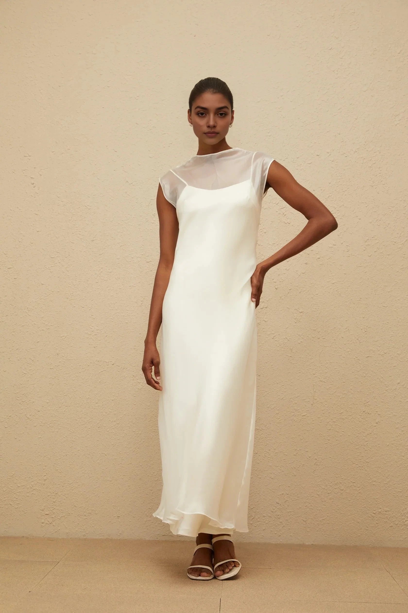 Ivory Sheer Dress with Open Back White Flared Tulle Maxi Dress Evening Dress by YiHuiw