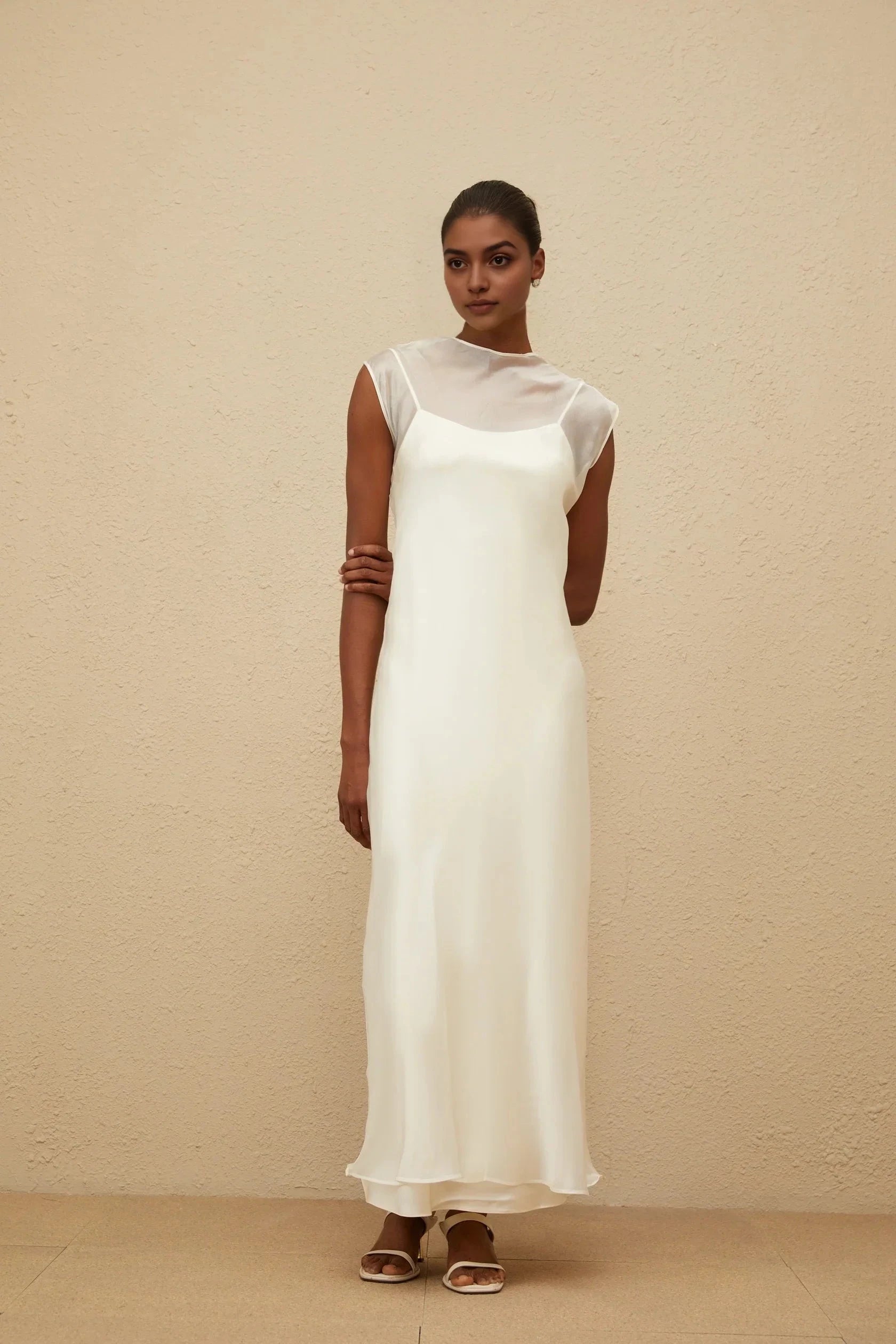 Ivory Sheer Dress with Open Back White Flared Tulle Maxi Dress Evening Dress by YiHuiw