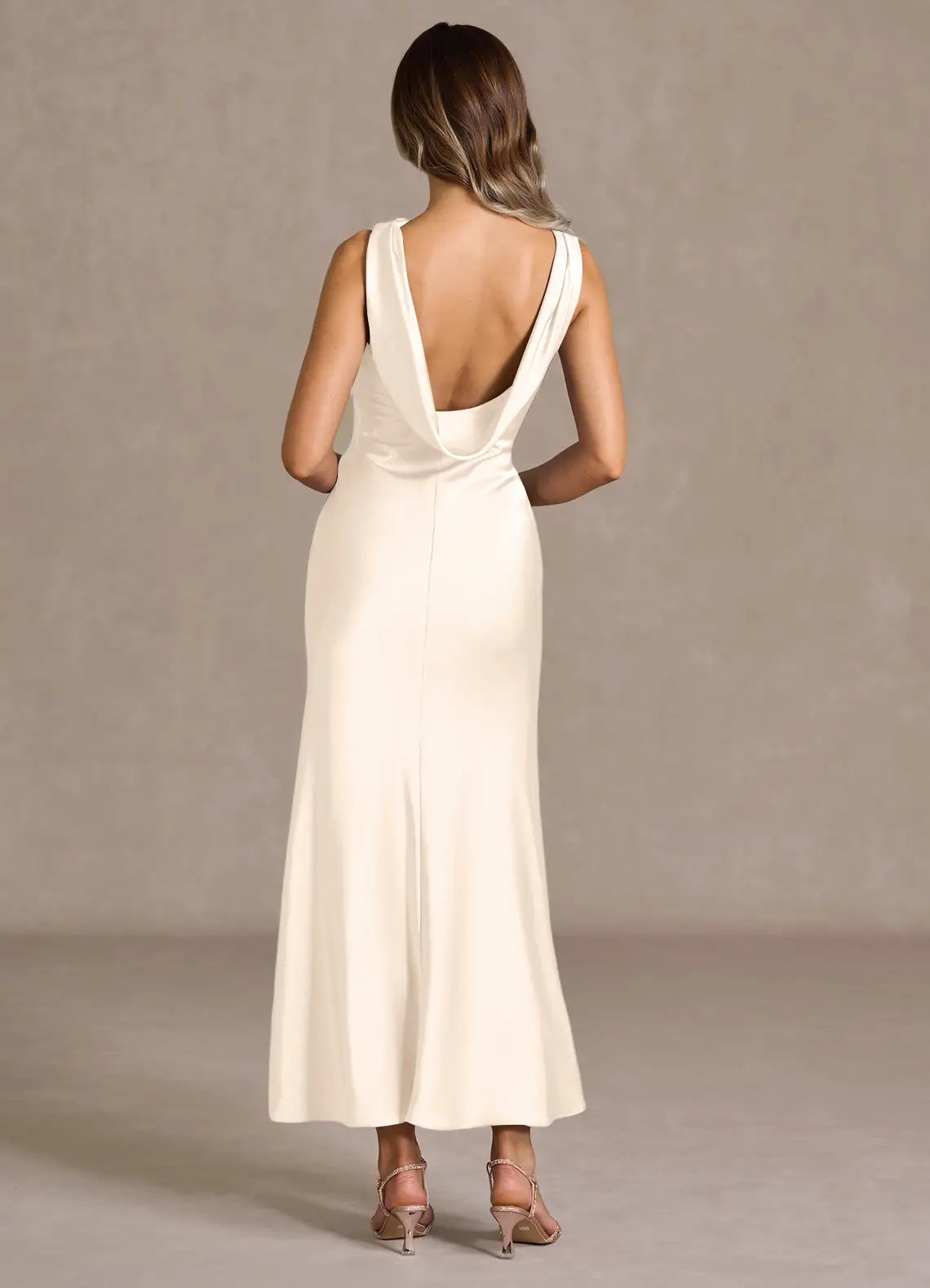 Ivory Cowl Neck Satin Sleeveless Draped Midi Wedding Dress - Yihuiw by Yihuiw