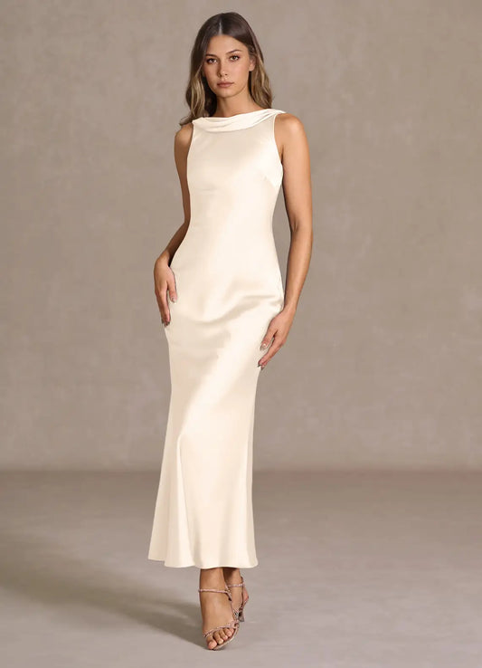 Ivory Cowl Neck Satin Sleeveless Draped Midi Wedding Dress - Yihuiw by Yihuiw