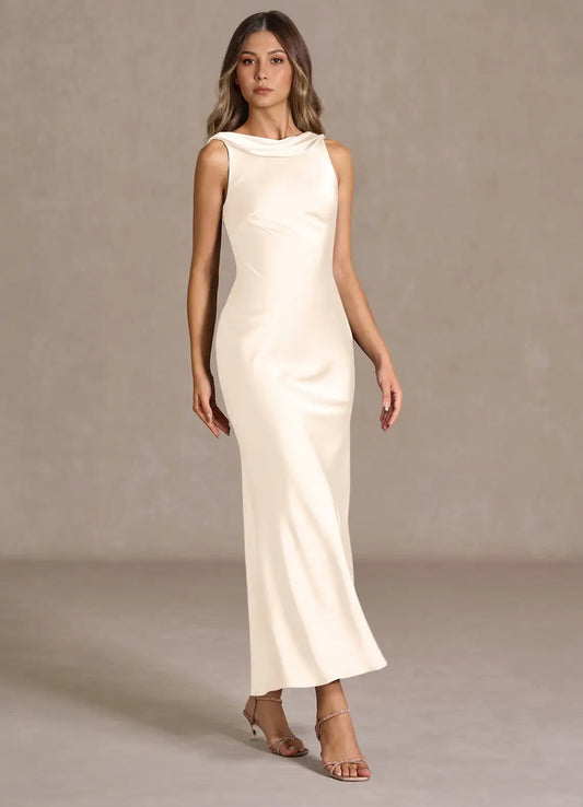Ivory Cowl Neck Satin Sleeveless Draped Midi Wedding Dress - Yihuiw by Yihuiw