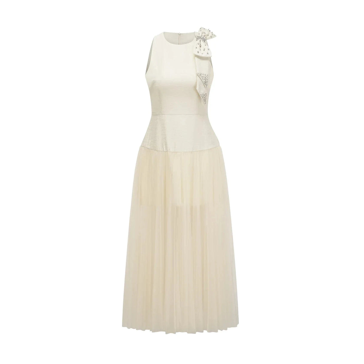 Ivory Sleeveless Maxi Dress with Crystal Bow and Tulle Skirt bowknot tulle-panelling midi dress in White Evening Dress by YiHuiw