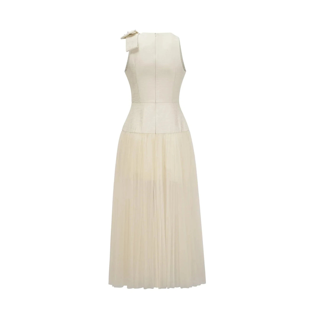 Ivory Sleeveless Maxi Dress with Crystal Bow and Tulle Skirt bowknot tulle-panelling midi dress in White Evening Dress by YiHuiw