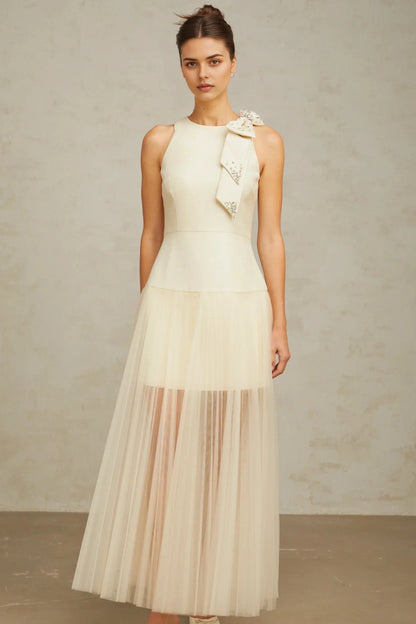 Ivory Sleeveless Maxi Dress with Crystal Bow and Tulle Skirt bowknot tulle-panelling midi dress in White Evening Dress by YiHuiw