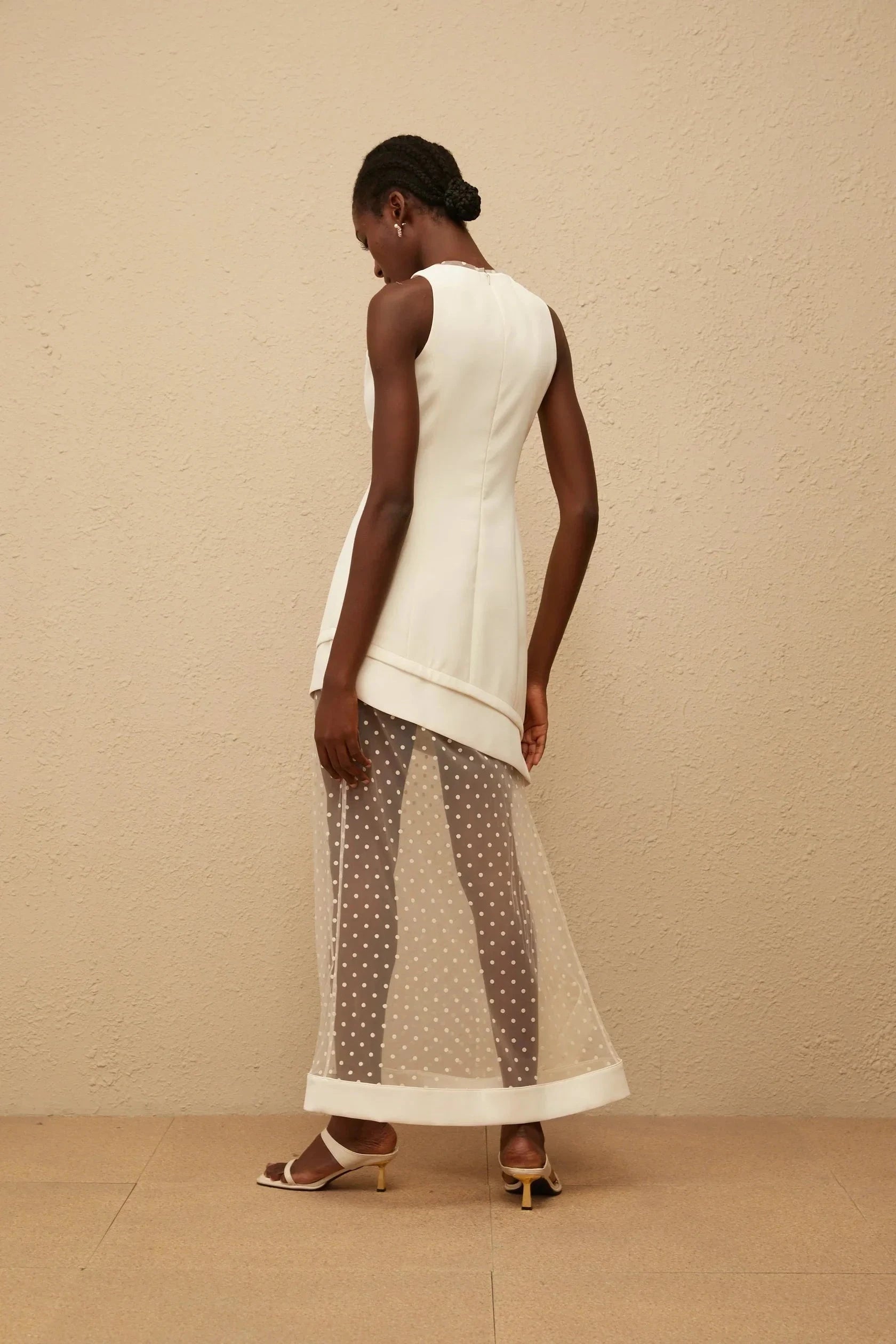 Ivory Sleeveless Maxi Dress with Polka Dot Mesh Overlay White Polka Dot Tulle Panel Maxi Dress Evening Dress by YiHuiw