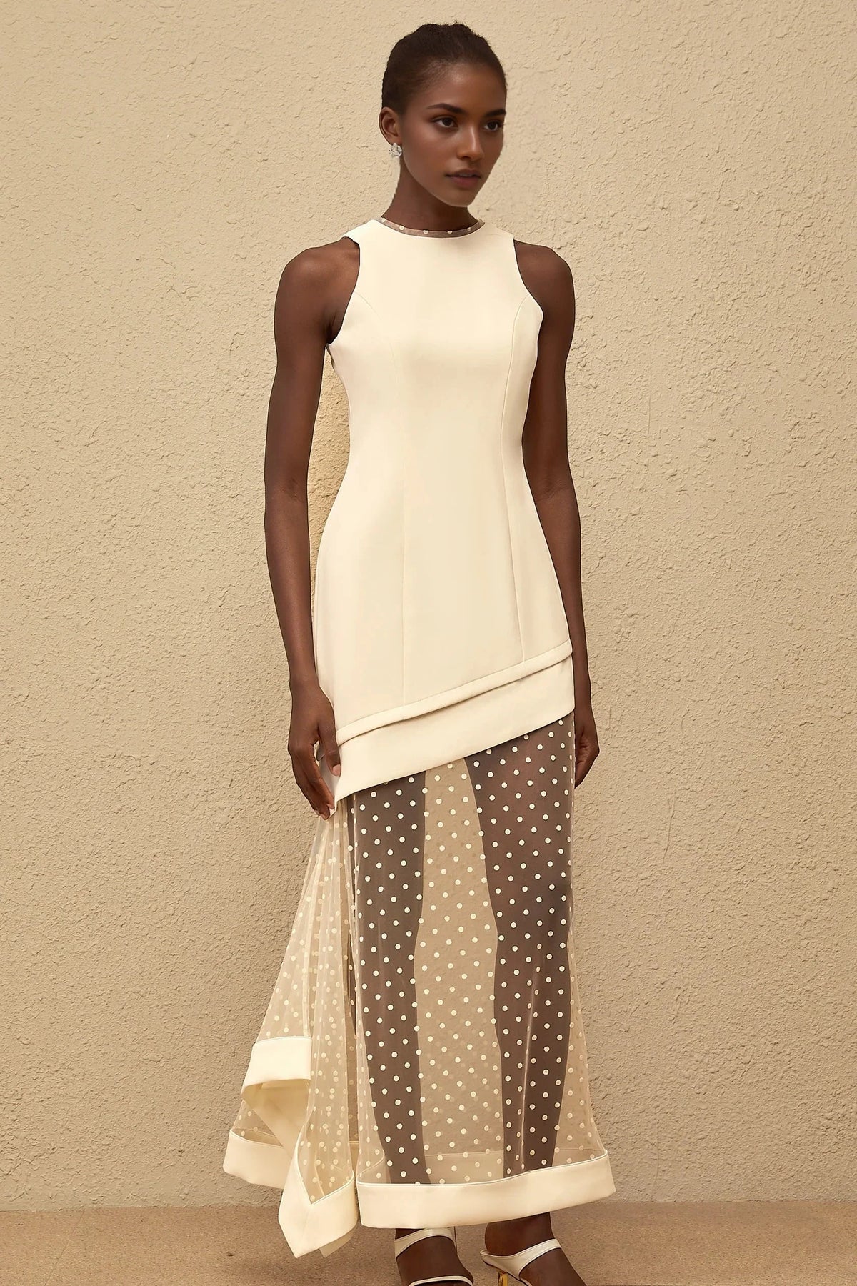 Ivory Sleeveless Maxi Dress with Polka Dot Mesh Overlay White Polka Dot Tulle Panel Maxi Dress Evening Dress by YiHuiw