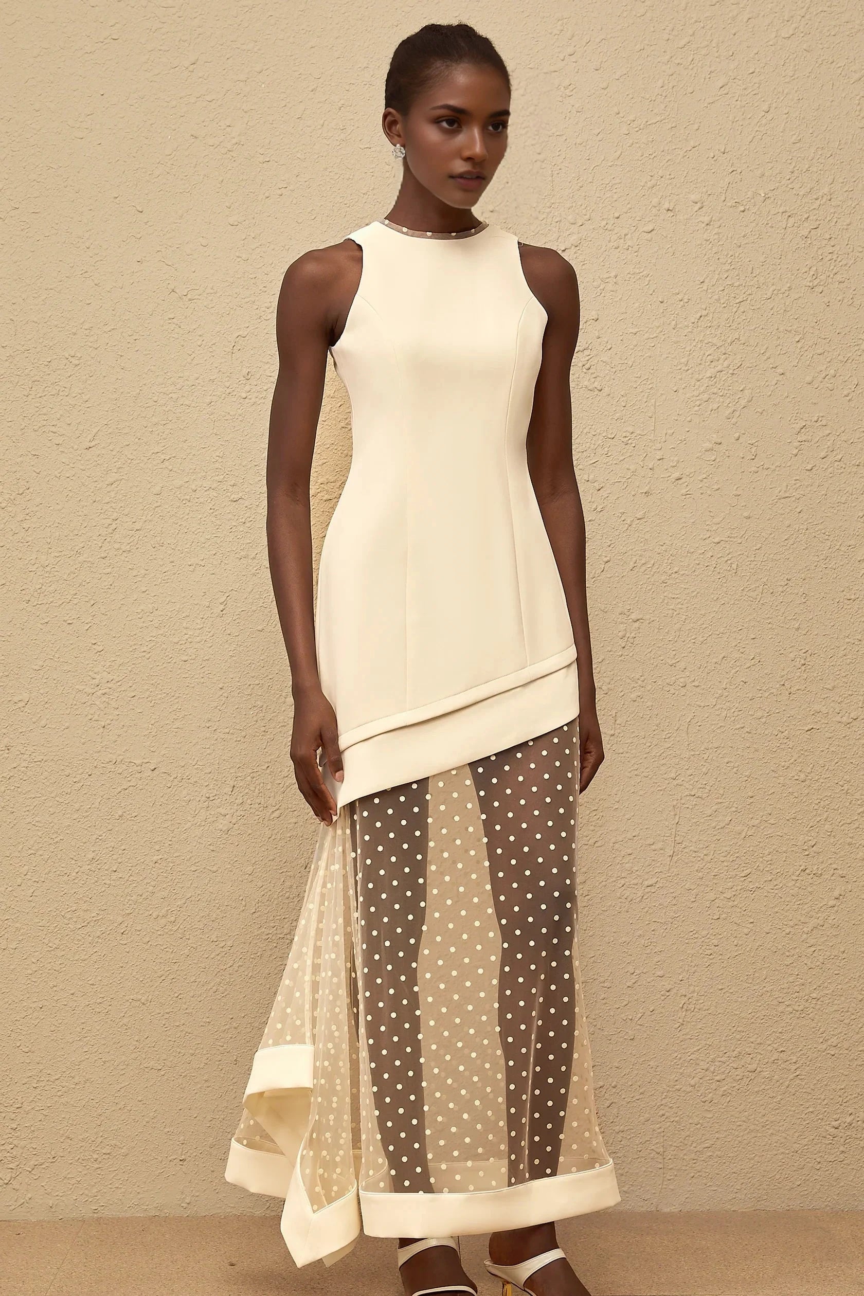 Ivory Sleeveless Maxi Dress with Polka Dot Mesh Overlay White Polka Dot Tulle Panel Maxi Dress Evening Dress by YiHuiw