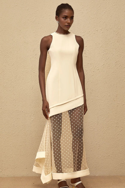 Ivory Sleeveless Maxi Dress with Polka Dot Mesh Overlay White Polka Dot Tulle Panel Maxi Dress Evening Dress by YiHuiw