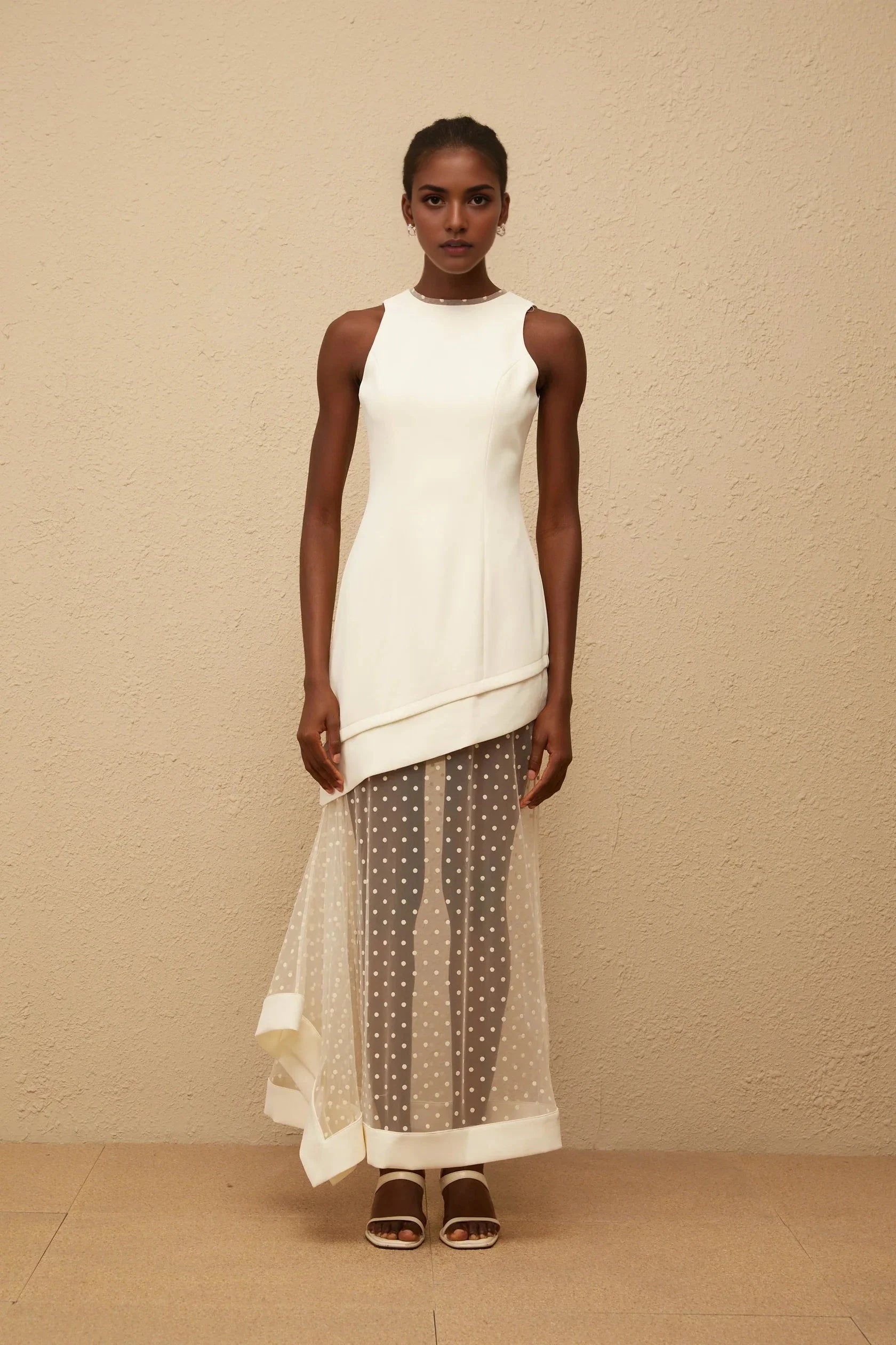 Ivory Sleeveless Maxi Dress with Polka Dot Mesh Overlay White Polka Dot Tulle Panel Maxi Dress Evening Dress by YiHuiw