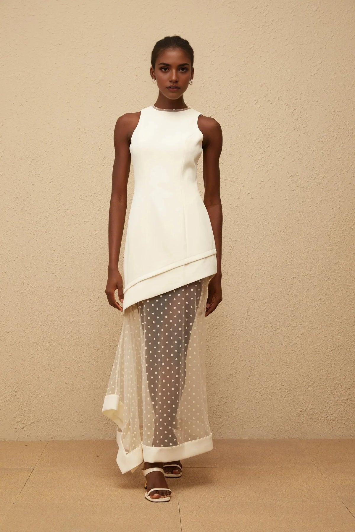 Ivory Sleeveless Maxi Dress with Polka Dot Mesh Overlay White Polka Dot Tulle Panel Maxi Dress Evening Dress by YiHuiw