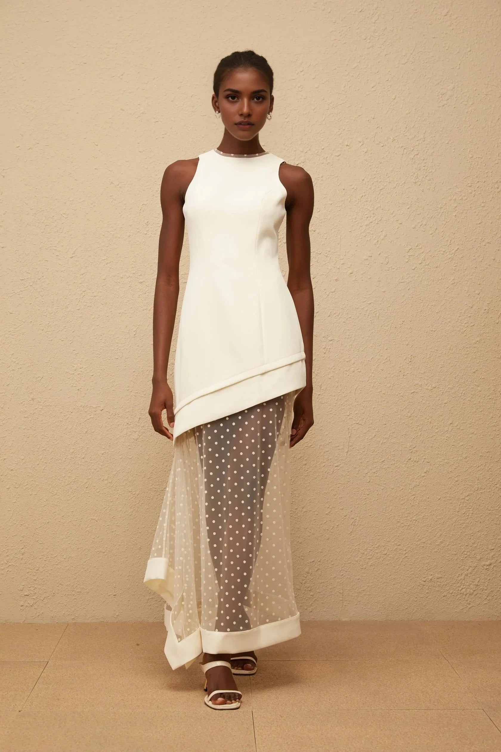 Ivory Sleeveless Maxi Dress with Polka Dot Mesh Overlay White Polka Dot Tulle Panel Maxi Dress Evening Dress by YiHuiw
