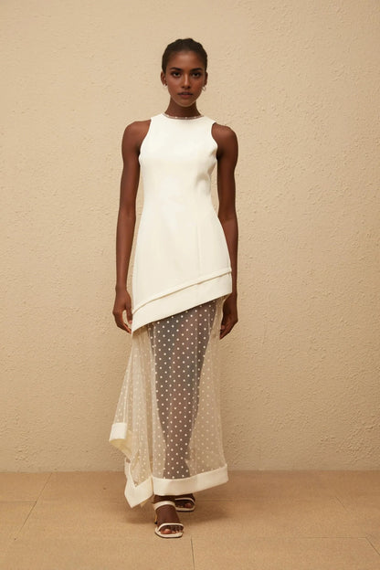 Ivory Sleeveless Maxi Dress with Polka Dot Mesh Overlay White Polka Dot Tulle Panel Maxi Dress Evening Dress by YiHuiw