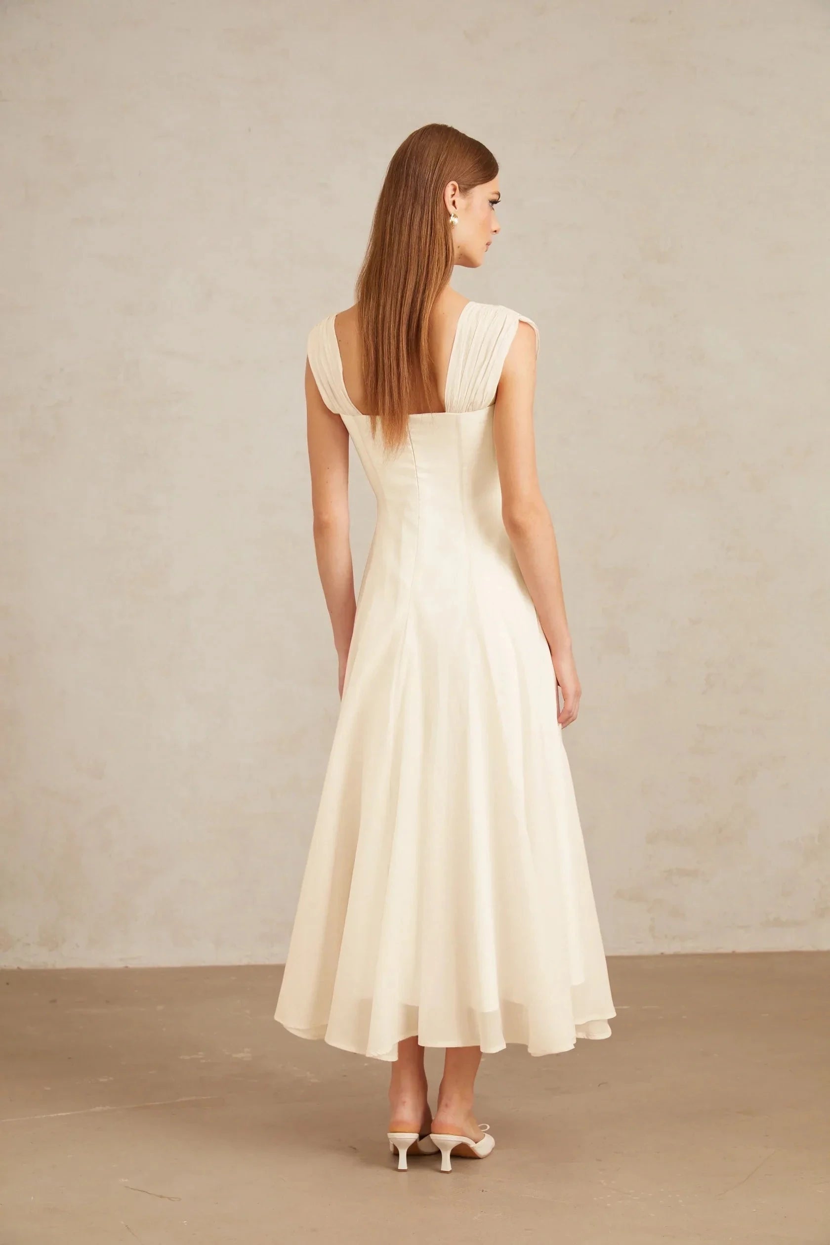 Ivory Square Neck Midi Dress with Pleated Shoulders Cream White Flounced Midi dress Evening Dress by YiHuiw