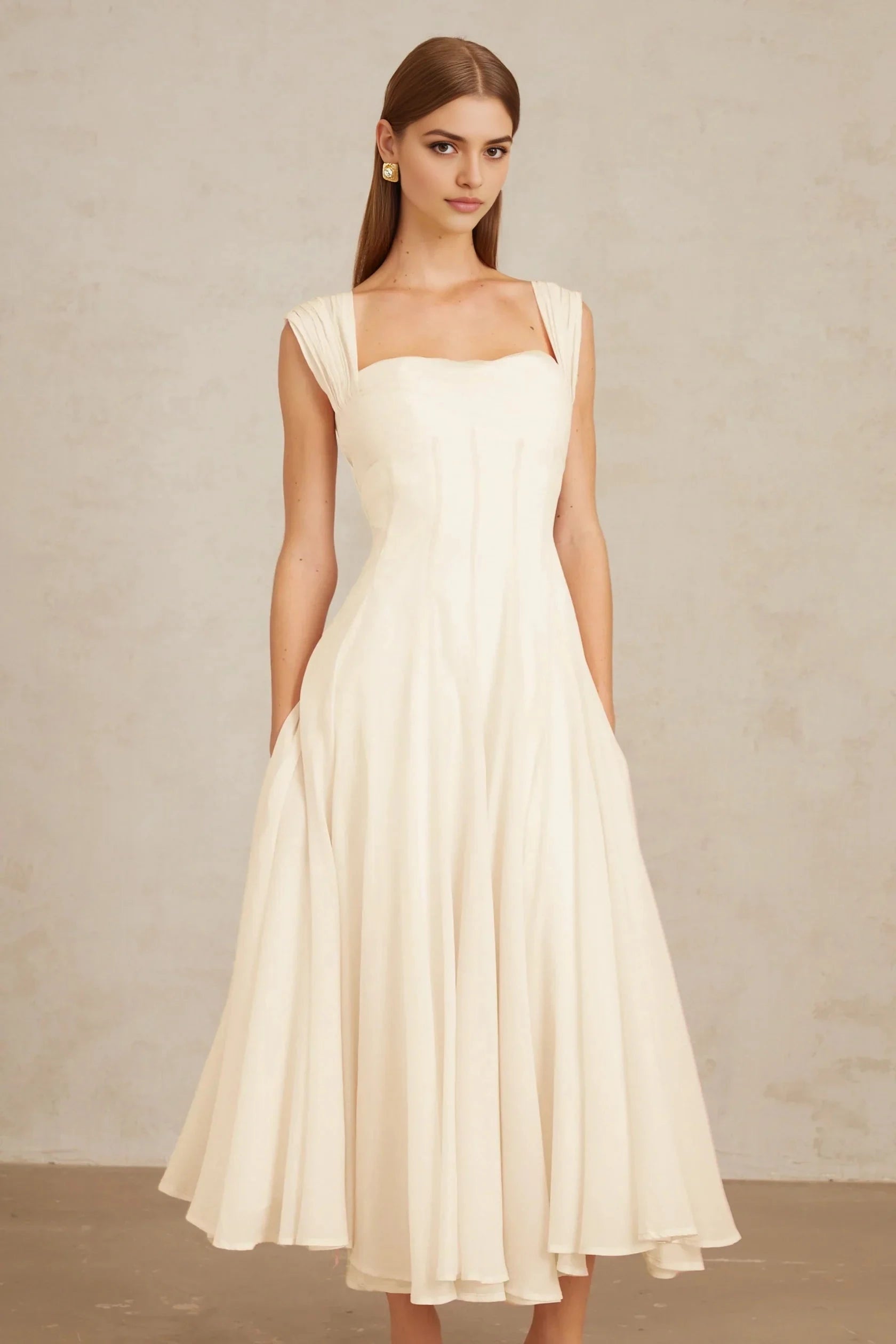 Ivory Square Neck Midi Dress with Pleated Shoulders Cream White Flounced Midi dress Evening Dress by YiHuiw