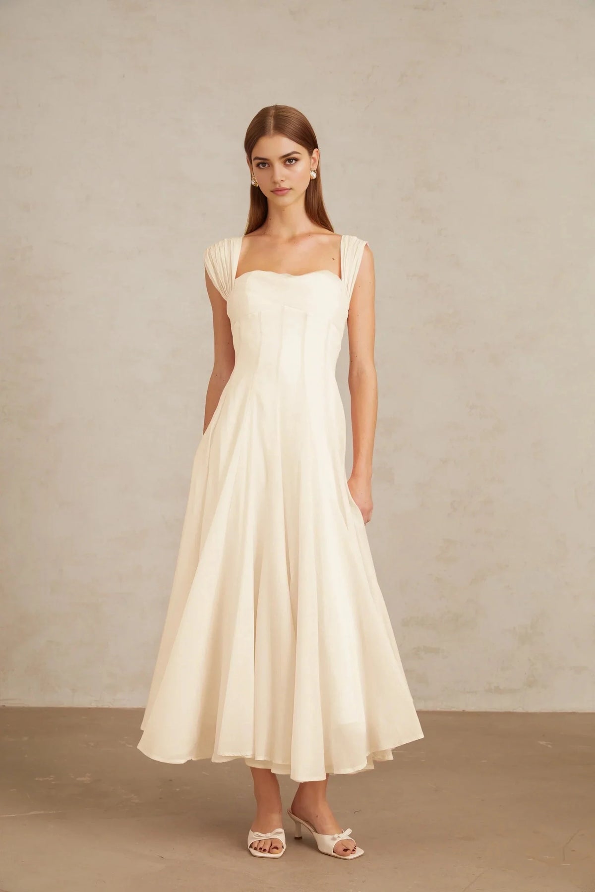 Ivory Square Neck Midi Dress with Pleated Shoulders Cream White Flounced Midi dress Evening Dress by YiHuiw