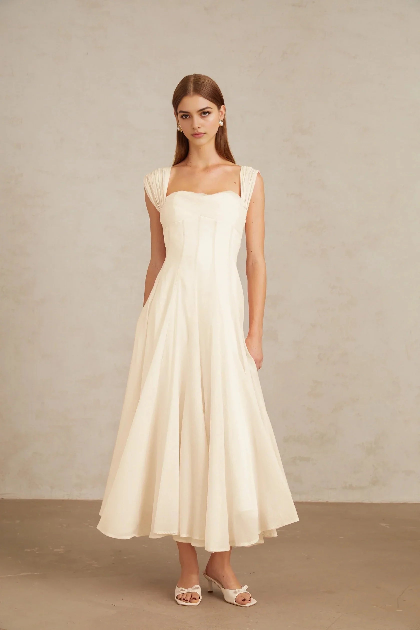 Ivory Square Neck Midi Dress with Pleated Shoulders Cream White Flounced Midi dress Evening Dress by YiHuiw