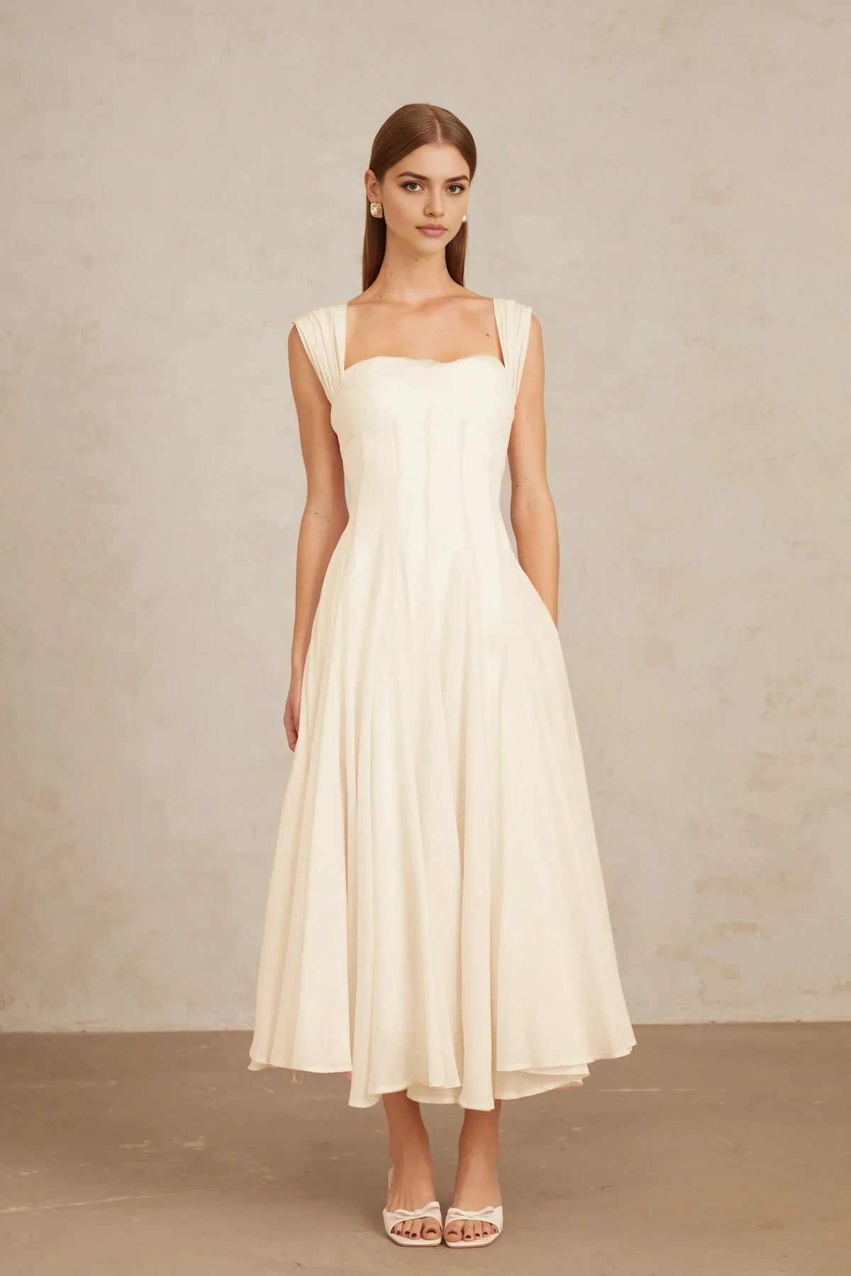 Ivory Square Neck Midi Dress with Pleated Shoulders Cream White Flounced Midi dress Evening Dress by YiHuiw