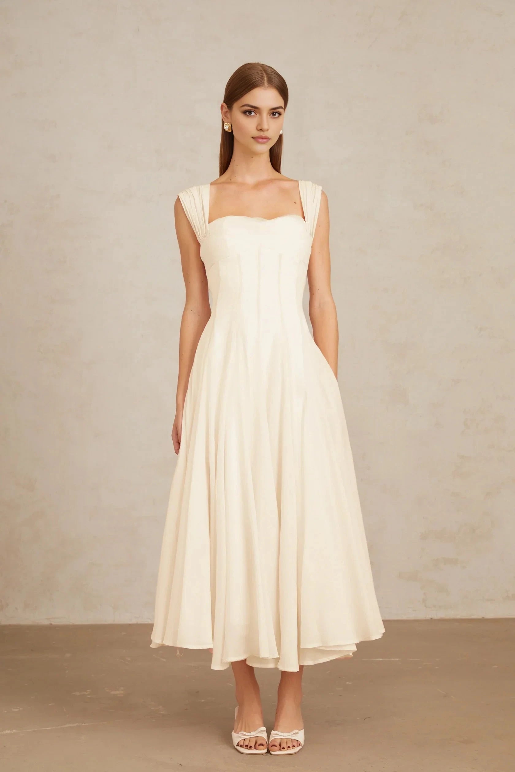 Ivory Square Neck Midi Dress with Pleated Shoulders Cream White Flounced Midi dress Evening Dress by YiHuiw