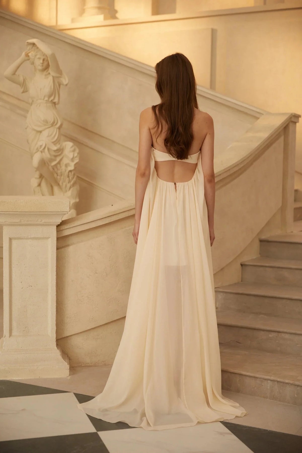 Anneli Biege Mullet Chiffon Midi Dress Ivory Strapless High - Low Maxi Dress with Open Back Evening Dress by YiHuiw