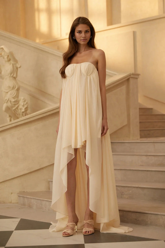 Anneli Biege Mullet Chiffon Midi Dress Ivory Strapless High - Low Maxi Dress with Open Back Evening Dress by YiHuiw