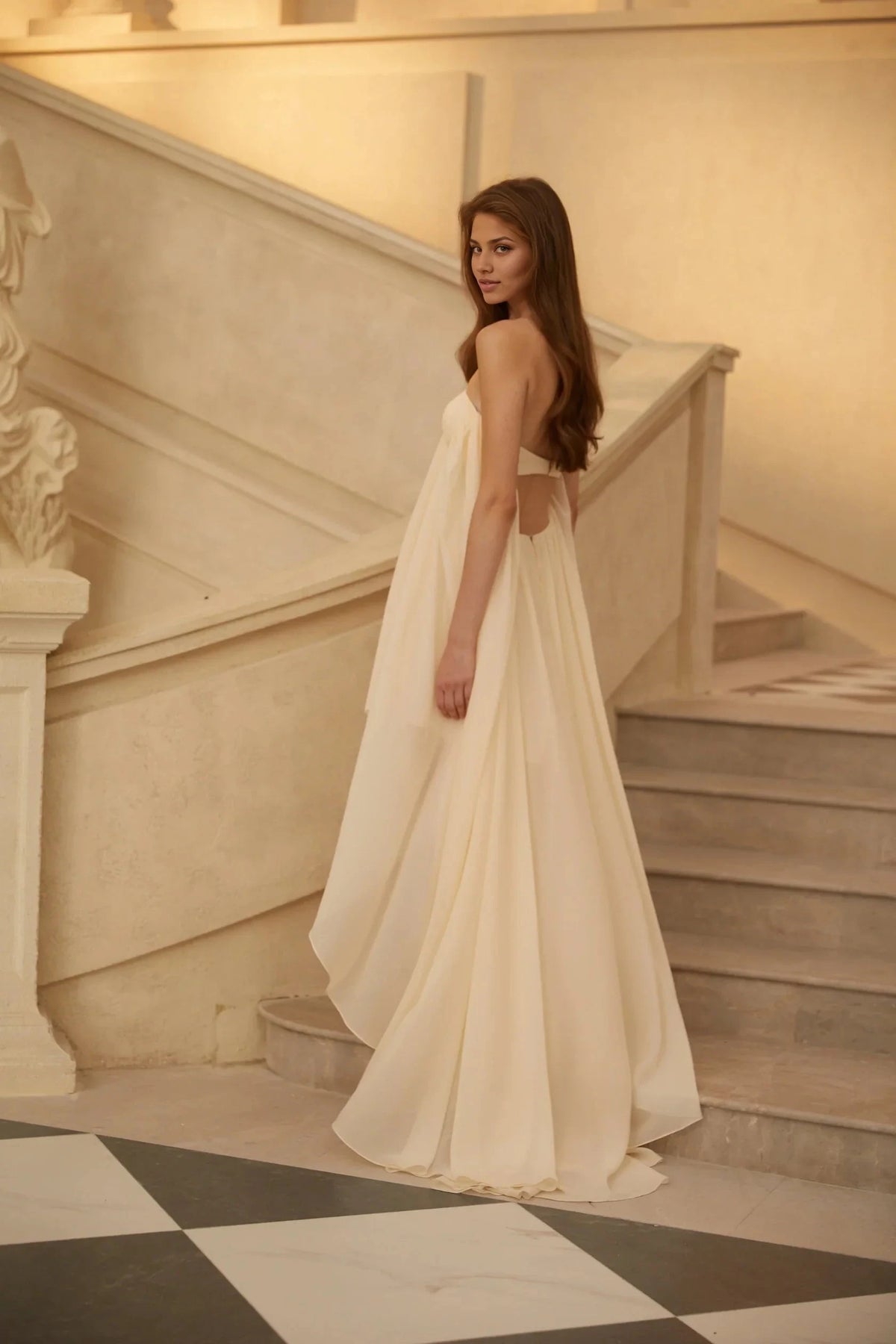 Anneli Biege Mullet Chiffon Midi Dress Ivory Strapless High - Low Maxi Dress with Open Back Evening Dress by YiHuiw