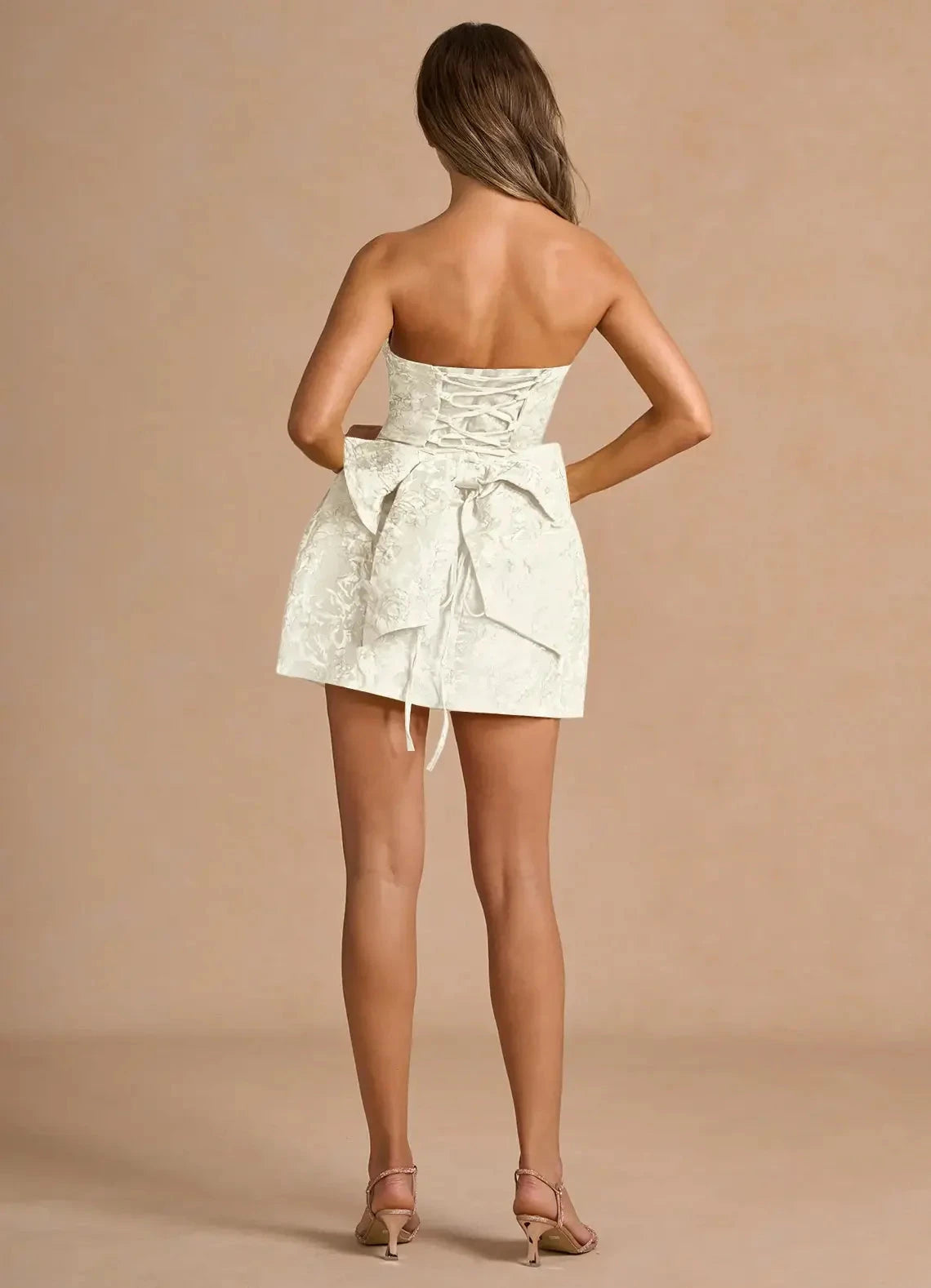 Ivory Strapless Jacquard Mini Dress with Lace - Up Back and Bow Detail Hadleigh Cream Mini Dress Homecoming Dresses by YiHuiw