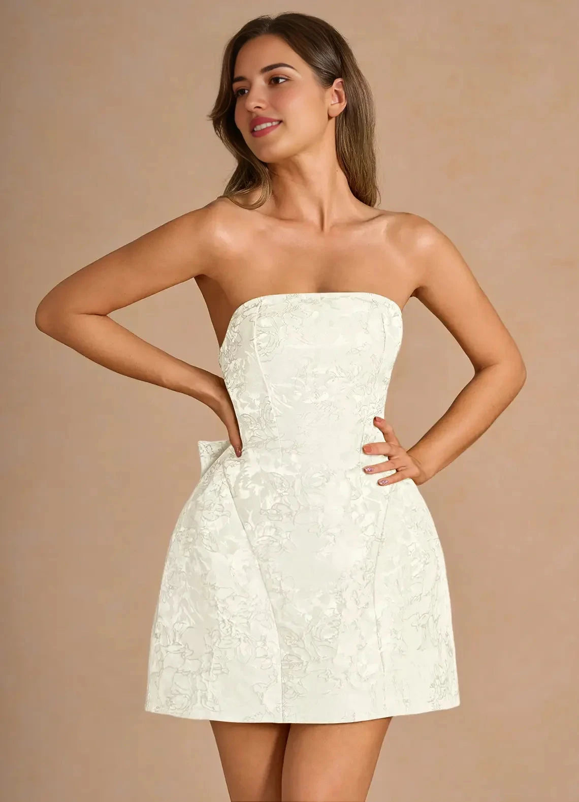 Ivory Strapless Jacquard Mini Dress Hadleigh Cream Mini Dress Homecoming Dresses by YiHuiw