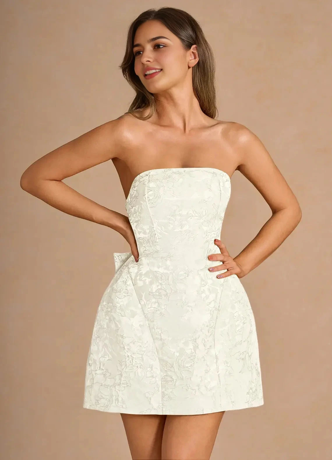 Ivory Strapless Jacquard Mini Dress with Lace - Up Back and Bow Detail Hadleigh Cream Mini Dress Homecoming Dresses by YiHuiw