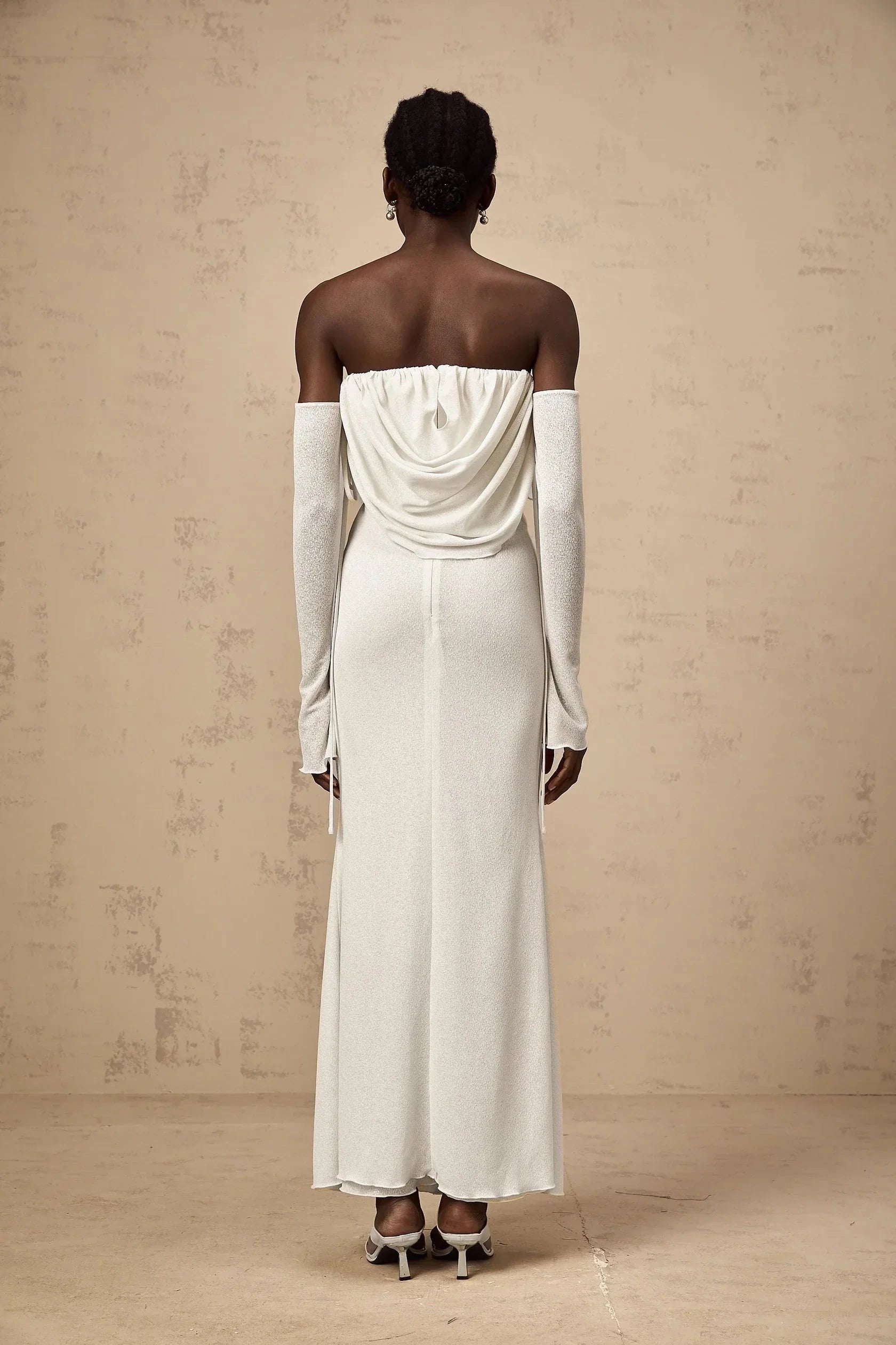 Ivory Strapless Maxi Dress with Draped Bodice and Floral Accent floral-appliqué ruched strapless maxi dress Evening Dress by YiHuiw