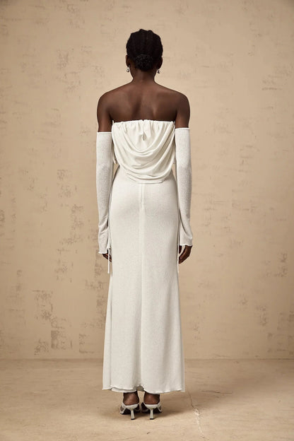 Ivory Strapless Maxi Dress with Draped Bodice and Floral Accent floral-appliqué ruched strapless maxi dress Evening Dress by YiHuiw