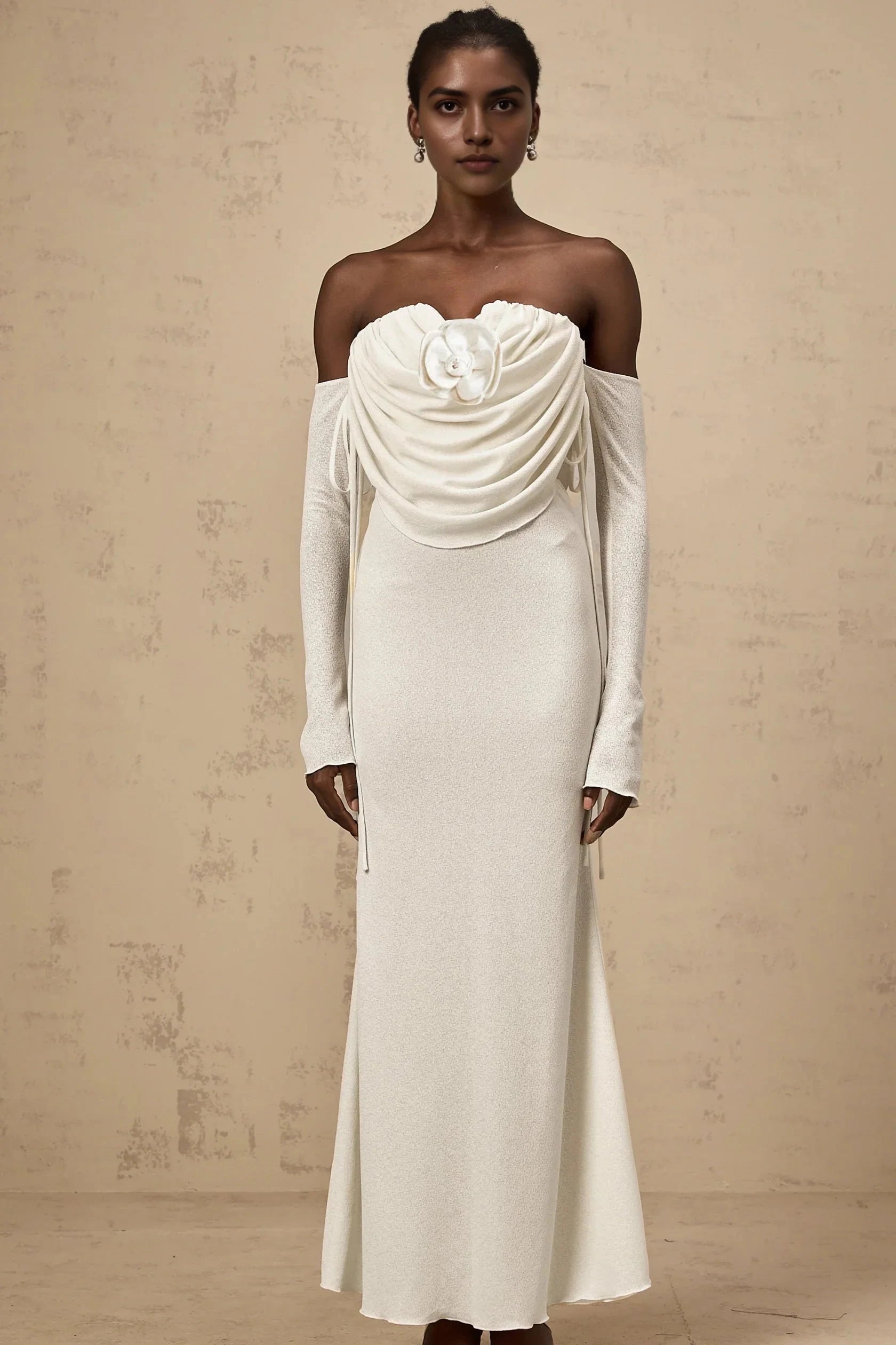 Ivory Strapless Maxi Dress with Draped Bodice and Floral Accent floral-appliqué ruched strapless maxi dress Evening Dress by YiHuiw