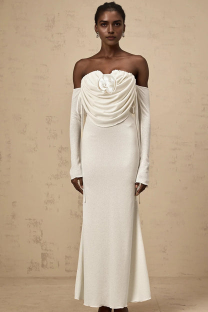 Ivory Strapless Maxi Dress with Draped Bodice and Floral Accent floral-appliqué ruched strapless maxi dress Evening Dress by YiHuiw