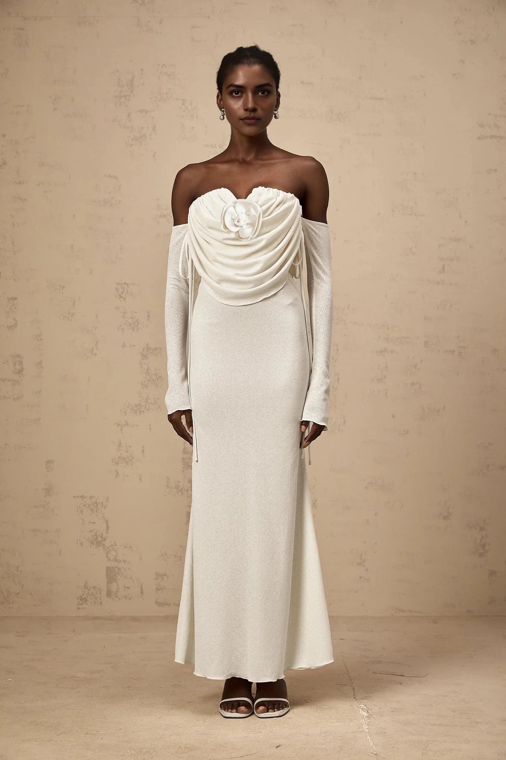 Ivory Strapless Maxi Dress with Draped Bodice and Floral Accent floral-appliqué ruched strapless maxi dress Evening Dress by YiHuiw