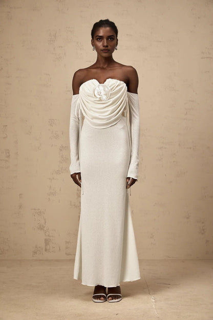 Ivory Strapless Maxi Dress with Draped Bodice and Floral Accent floral-appliqué ruched strapless maxi dress Evening Dress by YiHuiw