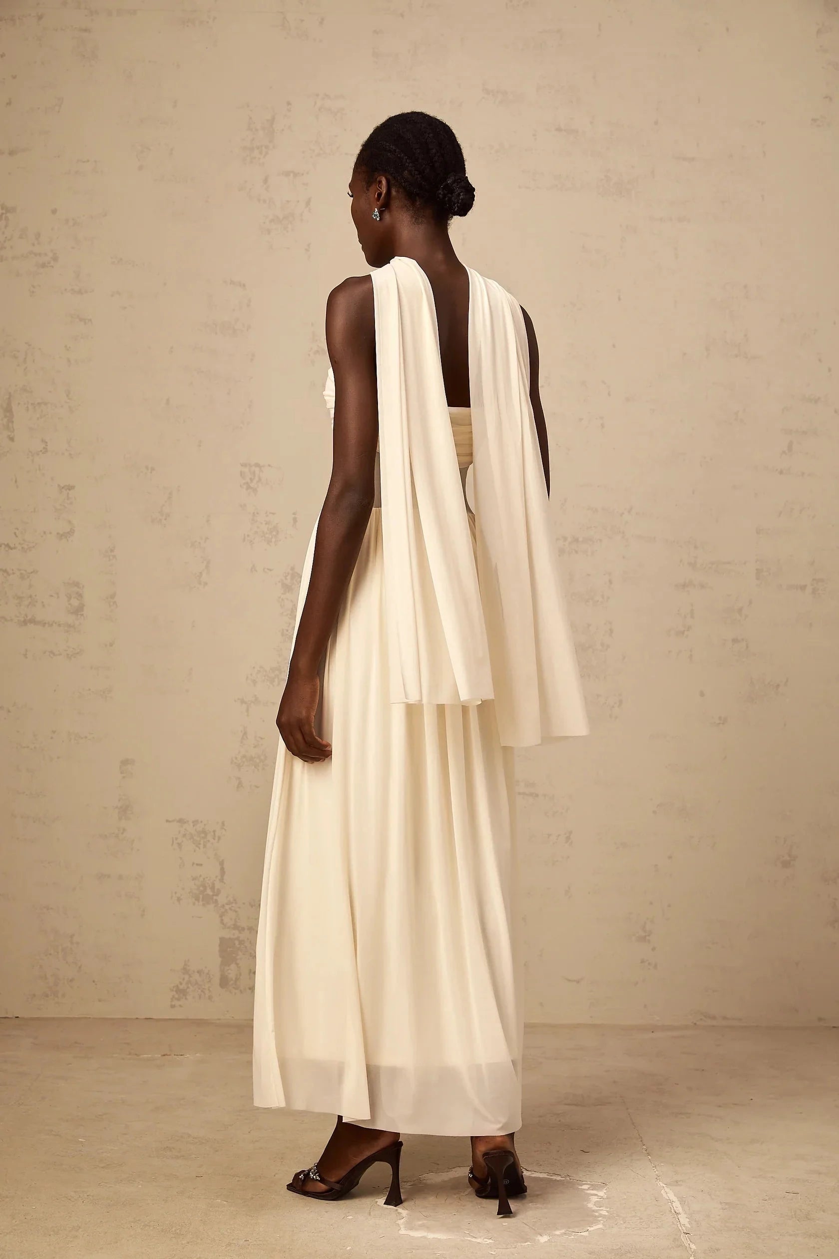 Ivory Strapless Maxi Dress with Sheer Panel and Drape Detail neutrals scarf-design mesh midi dress Evening Dress by YiHuiw
