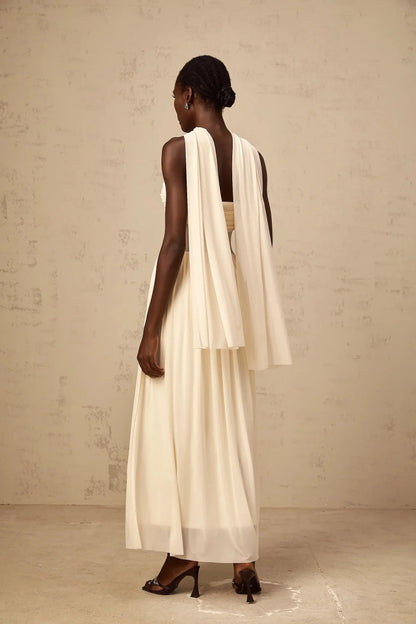 Ivory Strapless Maxi Dress with Sheer Panel and Drape Detail neutrals scarf-design mesh midi dress Evening Dress by YiHuiw