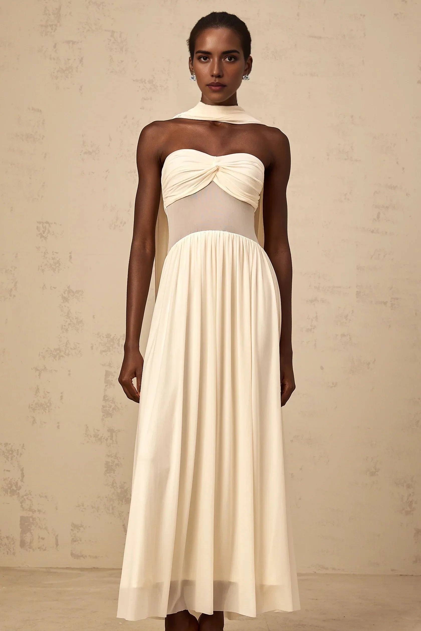 Ivory Strapless Maxi Dress with Sheer Panel and Drape Detail neutrals scarf-design mesh midi dress Evening Dress by YiHuiw