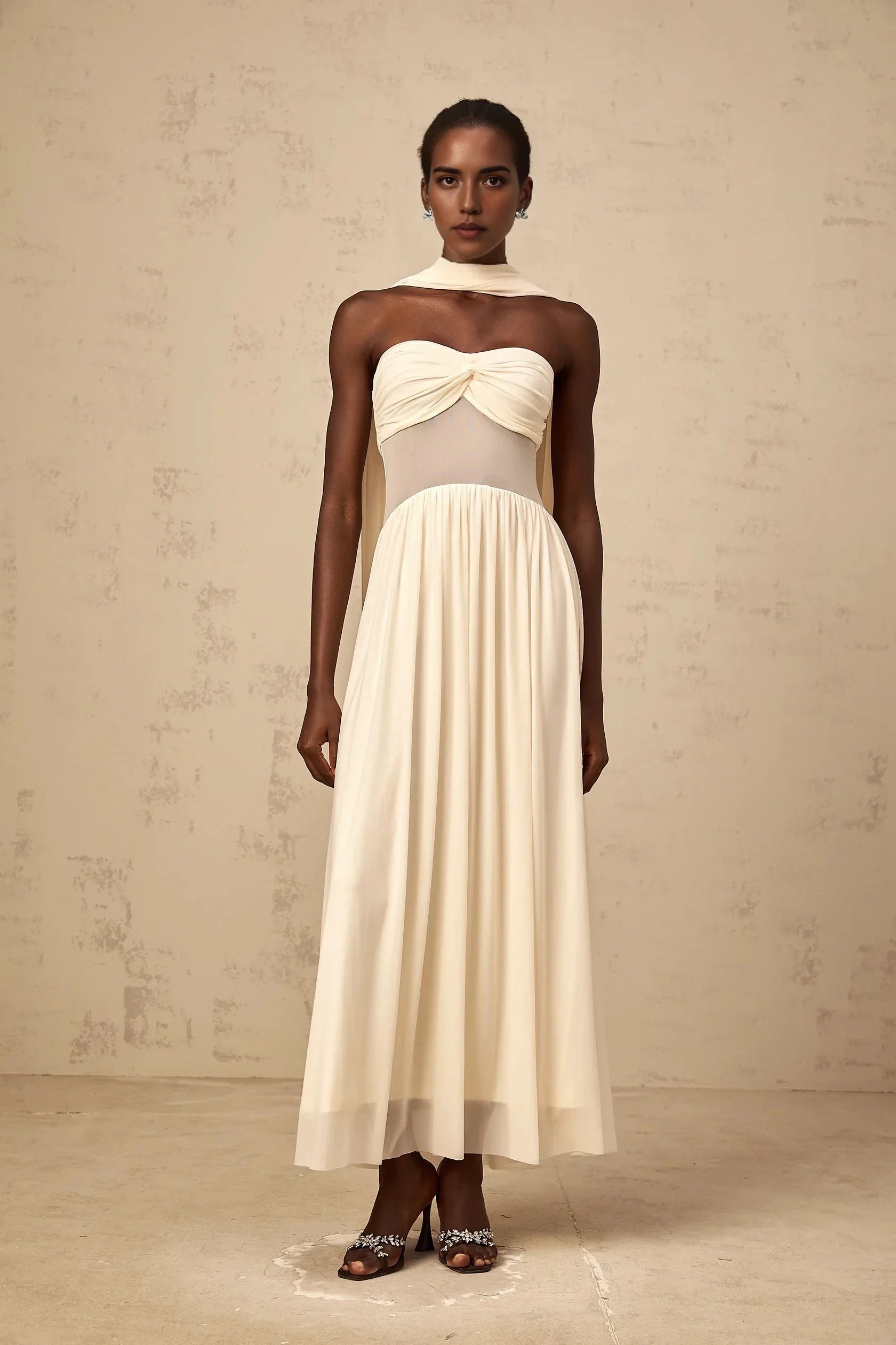 Ivory Strapless Maxi Dress with Sheer Panel and Drape Detail neutrals scarf-design mesh midi dress Evening Dress by YiHuiw