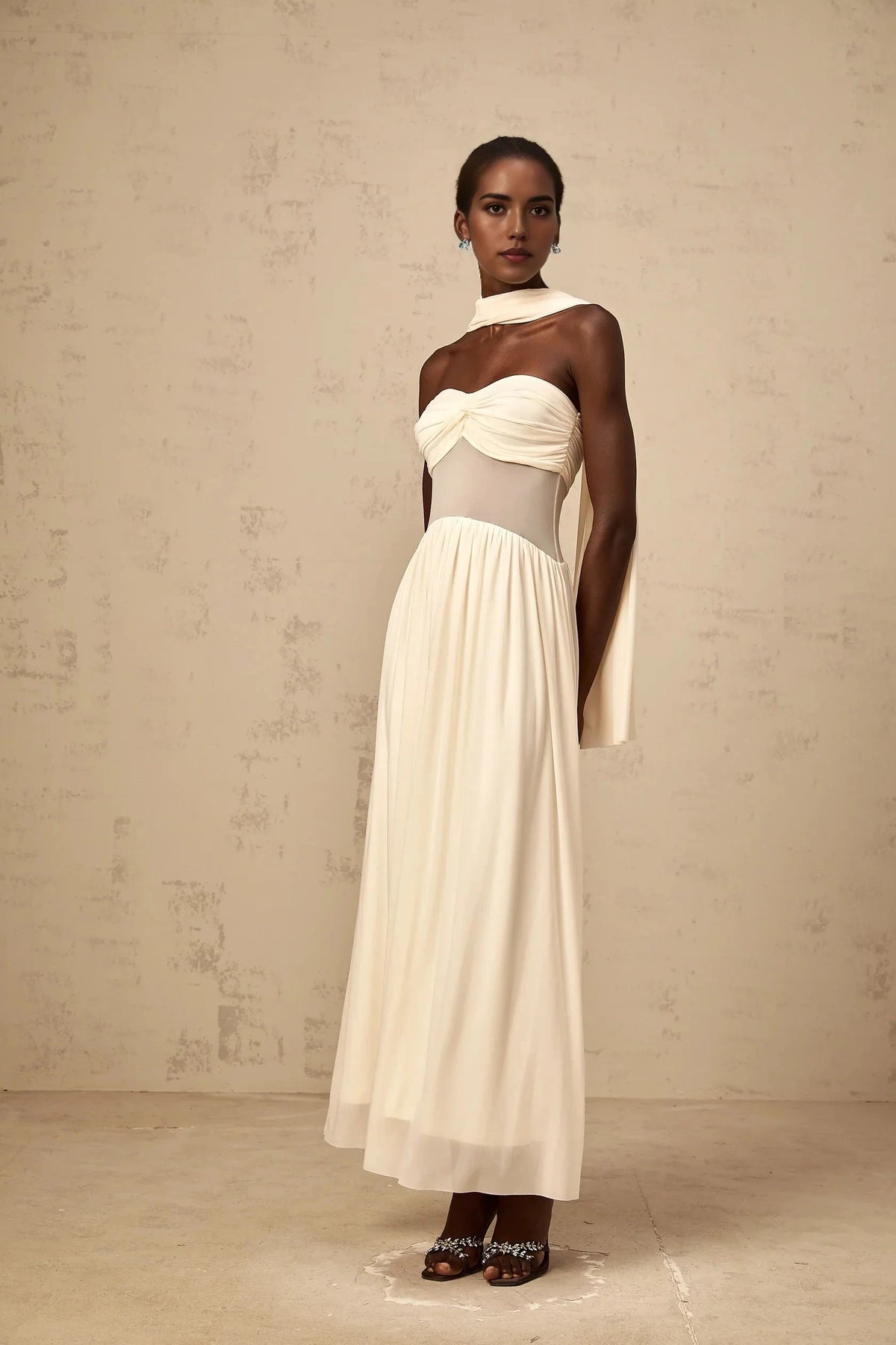 Ivory Strapless Maxi Dress with Sheer Panel and Drape Detail neutrals scarf-design mesh midi dress Evening Dress by YiHuiw
