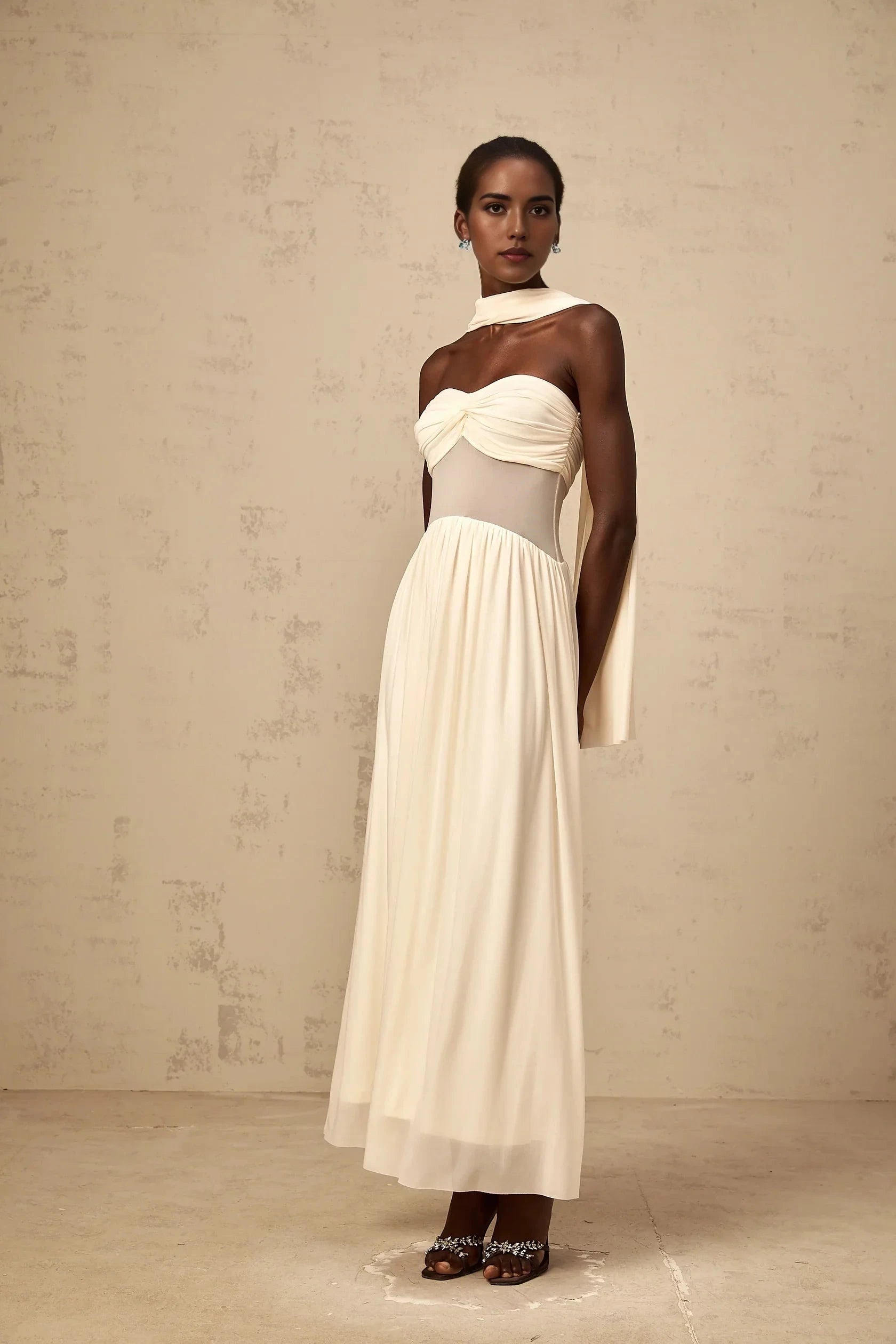 Ivory Strapless Maxi Dress with Sheer Panel and Drape Detail neutrals scarf-design mesh midi dress Evening Dress by YiHuiw