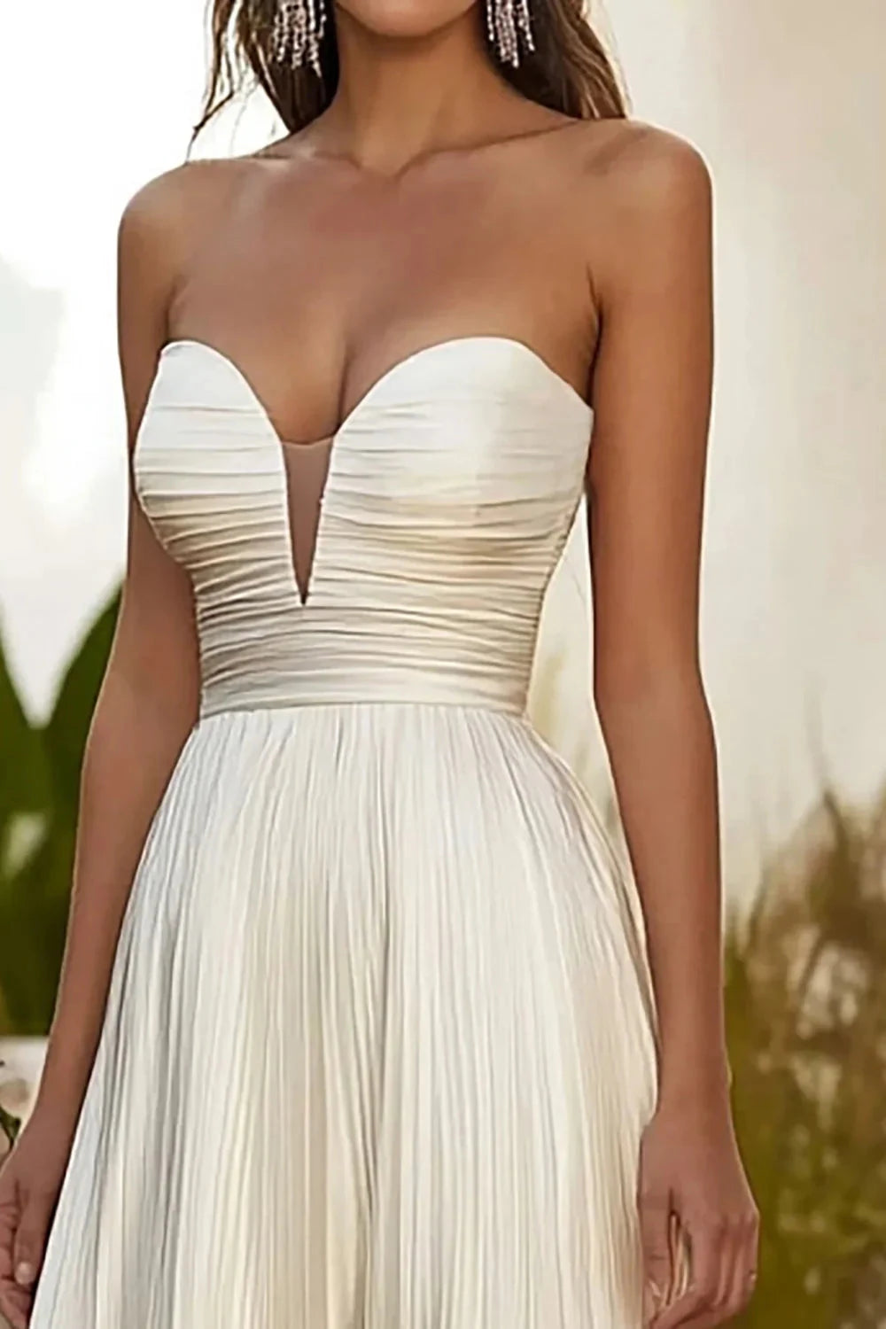 Ivory Strapless Pleated Evening Gown Champagne A Line Strapless Pleated Long Wedding Guest Dress Evening Dress by YiHuiw